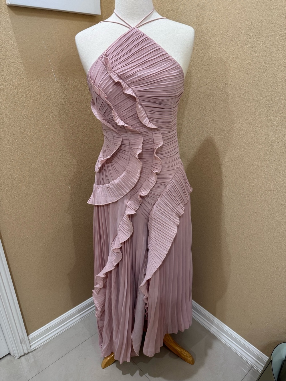Pleated Ruffled Halter Midi Dress in Mauve